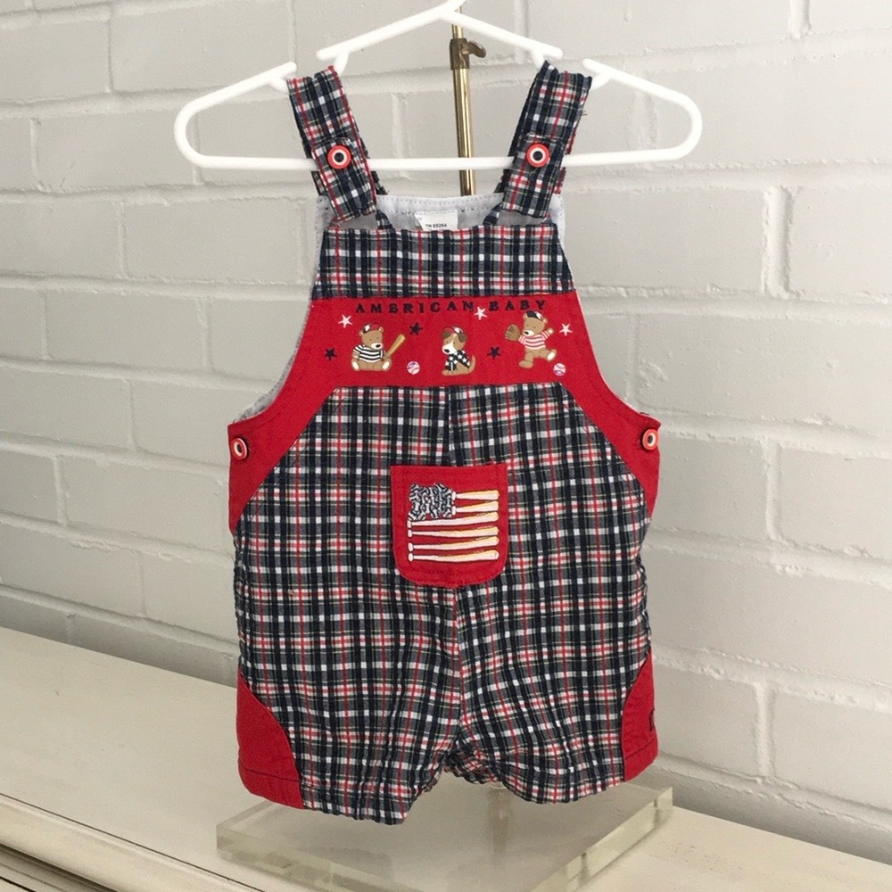 American Baby Classic Red/Blue Plaid Overalls Baseball Theme Size 6-9 Months